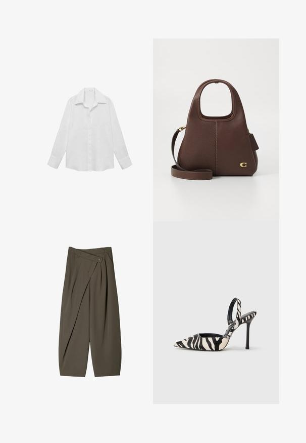 Svart läderjacka med dragkedja framtill, tryckknappsstängning, två sidofickor och elastiskt fåll. Har en strukturerad krage och slät yta.; Vit långärmad skjorta i ett smidigt tyg. Har en klassisk krage, knapplist och knappade manschetter med en avslappnad passform.; Breda byxor i mörk olivgrönt tyg, med en veckad frontdesign, knappstängning och en polerad, texturerad yta.; Skarp tå slingback-klack i svart och kräm randig zebra-print, med en slank hög klack och öppen baksida med svart inredning.; Brun läderhandväska med ett rundat handtag, subtil textur och detaljer i guldmetal; inkluderar en avtagbar axelrem och tag.