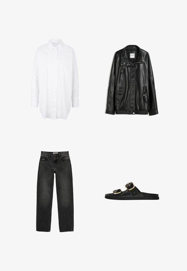 Black leather jacket with zippered front, snap-button closure, two side pockets, and elasticized hem. Features a structured collar and smooth texture.; White button-up shirt made of cotton with a classic collar, long sleeves, a chest pocket, and a curved hemline for a relaxed fit.; Black denim jeans with a relaxed fit, straight leg, five-pocket design, and a slightly faded texture. Button and zipper closure at the front.; Black slide sandal with two gold buckle accents, smooth textured material, flat sole, and a minimalist design.