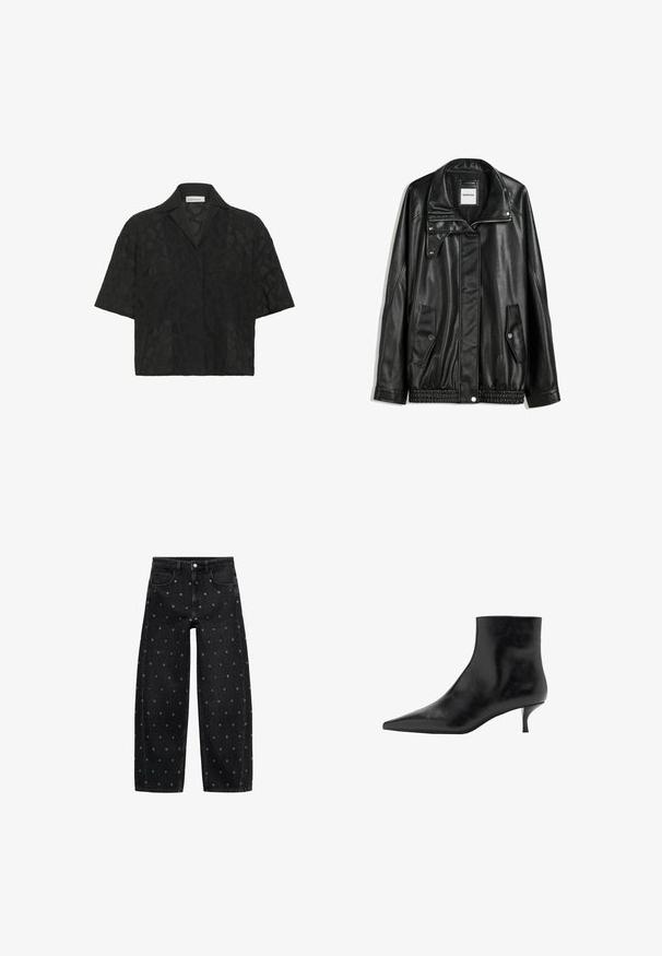 Czarna skórzana kurtka z zamkiem błyskawicznym z przodu, z zapięciem na napy, dwoma bocznymi kieszeniami i elastycznym dołem. Ma wyprofilowany kołnierz i gładką teksturę.; Czarna koszula z krótkim rękawem z teksturowanym geometrycznym wzorem z koronki, z kołnierzykiem w kształcie litery V i luźnym krojem, który zwiększa wentylację.; Czarne dżinsy o szerokich nogawkach z wzorem małych srebrnych grommetów, z klasycznym pięciokomorowym krojem i zapięciem na guziki.; Czarny skórzany botek sięgający kostki z szpiczastym noskiem, smukłym obcasem typu kitten heel i gładką teksturą. Prosty fason, bez ozdobnych akcentów.