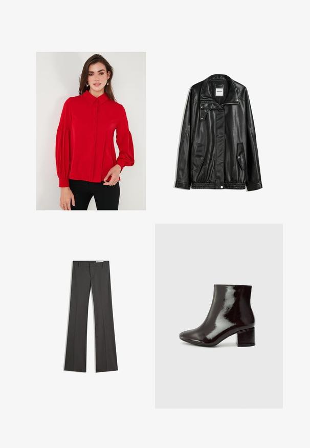 Čierna kožená bunda s predným zipsom, skladacím zapínaním, dvoma bočnými vreckami a elastickým spodným okrajom. Má štruktúrovaný golier a hladkú textúru.; Červená blúzka s dlhými rukávmi, s zapínaním na gombíky vpredu, golierom a objemnými rukávmi. Hladká tkanina s priliehavým pásom a jemným nariasením na manžetách.; Sivé rozšírené nohavice z hladkej tkaniny, s plochým predným dielom, pútka na opasok a so strihom s čistými líniami.; Čierne lakované kožené členkové topánky s špicatou špičkou a hrubým podpätkom. Hladká textúra s jemným leskom a čisté línie, minimalistický dizajn.