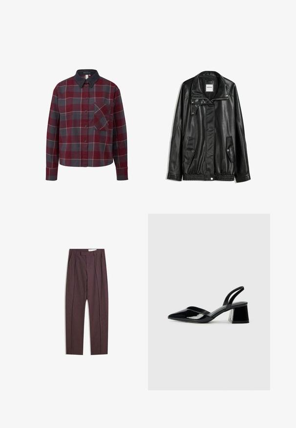 Black leather jacket with zippered front, snap-button closure, two side pockets, and elasticized hem. Features a structured collar and smooth texture.; Button-up plaid shirt featuring red, grey, and white squares. Made of cotton, with a corduroy collar and a chest pocket. Long sleeves.; Purple striped trousers with pleats, featuring a high waist and straight-leg design. Made from a smooth, textured fabric.; Black patent leather slingback heels with a pointed toe and a geometric block heel. Features a sleek, minimal design and smooth texture.