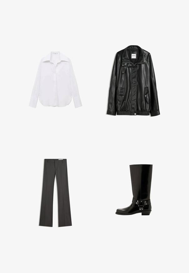 Čierna kožená bunda s predným zipsom, skladacím zapínaním, dvoma bočnými vreckami a elastickým spodným okrajom. Má štruktúrovaný golier a hladkú textúru.; Biela košeľa s dlhým rukávom, gombíkovým uzáverom a klasickým golierom, vo voľnom strihu, so bočnými rozparokmi a hladkou textúrou z ľahkej tkaniny.; Sivé rozšírené nohavice z hladkej tkaniny, s plochým predným dielom, pútka na opasok a so strihom s čistými líniami.; Čierne gumové čižmy s lesklým povrchom, s dekoratívnym pásikom a kovovými detailmi. Nízky, mierne zaoblený podpätok.