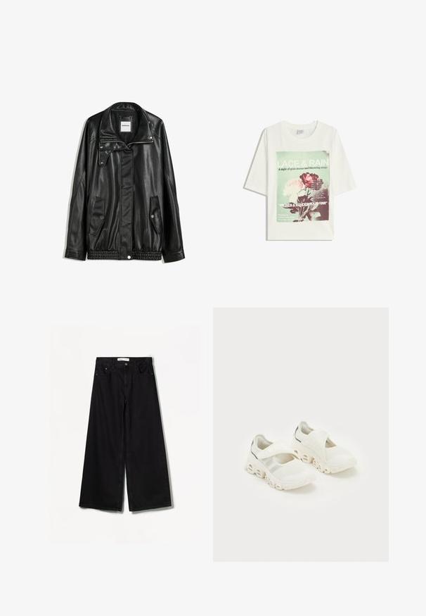 Black leather jacket with zippered front, snap-button closure, two side pockets, and elasticized hem. Features a structured collar and smooth texture.; White short-sleeve T-shirt with green and pink floral print and text listing tour dates and locations from 1998 on the front.; Bershka WIDE-LEG - Wide Leg - black; White mesh athletic shoes with a strap closure, padded ankle support, and distinctive curved sole design featuring hollowed sections.