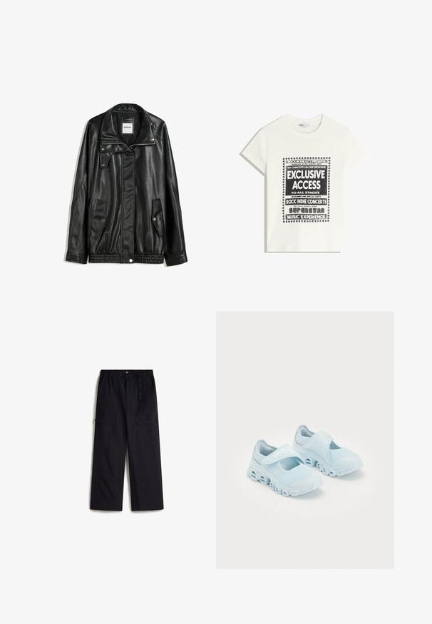 Svart läderjacka med dragkedja framtill, tryckknappsstängning, två sidofickor och elastiskt fåll. Har en strukturerad krage och slät yta.; Vit t-shirt med svart text som främjar ett musikevenemang, med inskriptionerna "Exklusiv Tillgång", "Rock Indie-konserter" och "Superstar Musikupplevelse."; Svarta cargo-byxor med elastisk midja, justerbart bälte och två sidofickor. Tillverkade av ett lätt, texturerat tyg.; Ljusblå sneakers med mesh-tyg, framträdande urtag i sulan och en kardborreband ovanpå för en säker passform.
