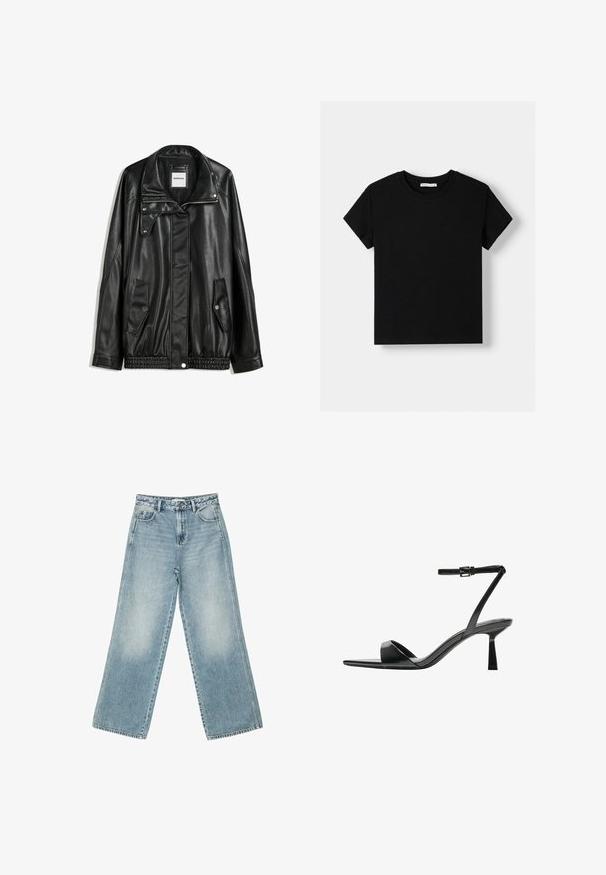 Černá kožená bunda s zipovým zapínáním, zapínáním na cvoky, dvěma bočními kapsami a elastickým lemem. Obsahuje strukturovaný límec a hladkou texturu.; Černé bavlněné tričko s krátkým rukávem, kulatým výstřihem a volným střihem. Jednoduchý design bez vzorů nebo ozdob.; Světle modré džíny s volnými nohavicemi vyrobené z denimu, s vysokým pasem, pěti kapsami a jemným blednutím podél nohavic.; Bershka Sandály na vysokém podpatku - black