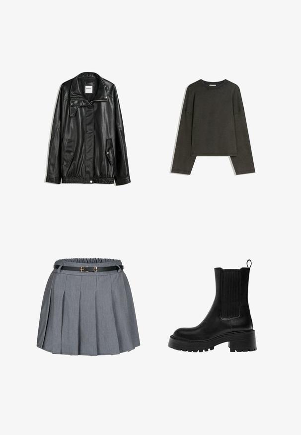 Crna kožna jakna s patentnim zatvaračem sprijeda, zatvaračem na gumbe, dvjema bočnim džepovima i elastičnim rubom. Ima strukturirani ovratnik i glatku teksturu.; Tamna siva majica dugih rukava izrađena od pamuka i elastina. Kutni kroj s okruglim izrezom i spuštenim ramenima, s vidljivim šavovima.; Siva plisirana suknja s naboranim strukom i crnim remenom s zlatnom kopčom. Mekani materijal s glatkom teksturom.; Crne kožne čizme do članaka s debelim potplatom, teksturiranim bočnim panelima i petljom za zatezanje. Imaju glatku površinu i zaobljen vrh.