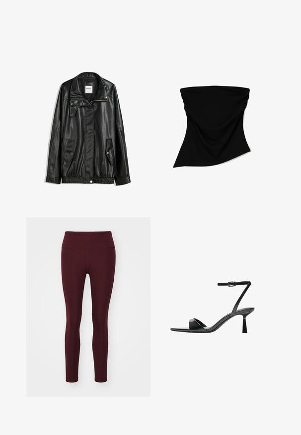 Black leather jacket with zippered front, snap-button closure, two side pockets, and elasticized hem. Features a structured collar and smooth texture.; Black fabric neck gaiter with a smooth texture, flowing design, and asymmetrical cut. Suitable for various uses and easy to wear.; Maroon leggings made of stretch fabric with a high waistband, featuring a smooth texture and fitted silhouette, without patterns or accents.; Bershka High heeled sandals - black