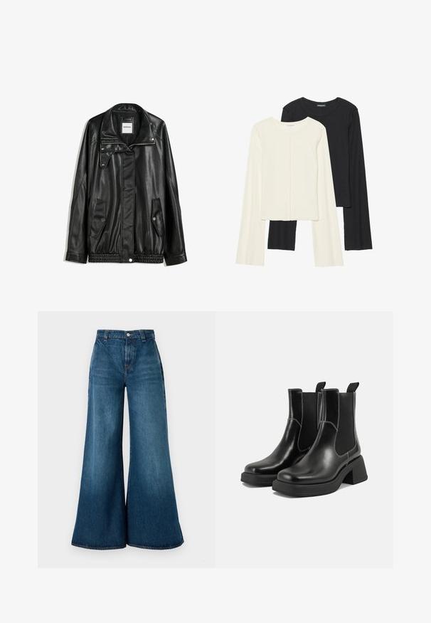 Mustat nahkatakki vetoketjulla edessä, napilla suljettava, kahdella sivutaskulla ja elastisella helmalla. Ominaisuuksiin kuuluu muotoiltu kaulus ja sileä pinta.; Kaksi pitkähihainen puseroa valkoisena ja mustana. Varren neulos, pyöreä kaulus, tiukka malli, jossa on hieman levenevät hihat.; Farkkuhaalari leveillä lahkeilla tummansinisessä pesussa, jossa on korkea vyötärö, edessä napitus ja klassinen viisi taskua. Suora pinta.; Mustat nahkaiset Chelsea-kengät paksulla korolla, joustavilla sivupaneeleilla ja kontrastilla valkoisella ompelulla. Teksturoitu pinta.