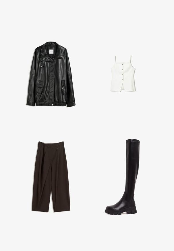 Zwarte leren jas met rits aan de voorkant, drukknopen-sluiting, twee zijzakken en elastische onderrand. Beschikt over een gestructureerde kraag en een gladde textuur.; Witte mouwloze top met een knopenfront, zijzakken en een getailleerd ontwerp met een licht uitlopende zoom. Soepele textuur, minimale details.; Donkere bruin wijde broek met een hoge taille, voorzien van een enkele knoopsluiting en een geplooide voorkant. Gemaakt van lichtgewicht stof.; Kniehoge zwarte leren laarzen met een gladde afwerking, ronde neus en stevige, gestructureerde zool. Beschikt over een elastische zijpaneel voor een goede pasvorm.
