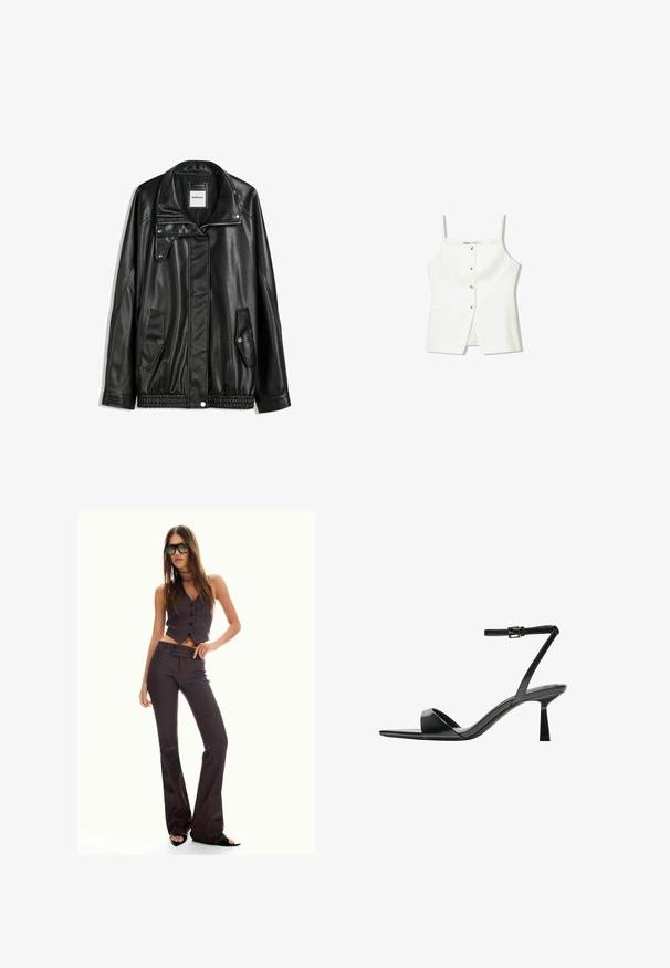 Schwarze Lederjacke mit Reißverschluss vorne, Knopfverschluss, zwei seitlichen Taschen und elastischem Saum. Verfügt über einen strukturierten Kragen und eine glatte Textur.; Weißes ärmelloses Oberteil mit Knopfleiste, Seitentaschen und einem figurbetonten Design mit leicht ausgestellt geschnittenem Saum. Glatte Textur, minimale Details.; Braun gestreifter, taillierter Weste und ausgestellter Hose, mit Knöpfen und strukturiertem Stoff. Schwarze Sandalen mit offenen Zehen und übergroße Sonnenbrille.; Bershka High Heel Sandalette - black