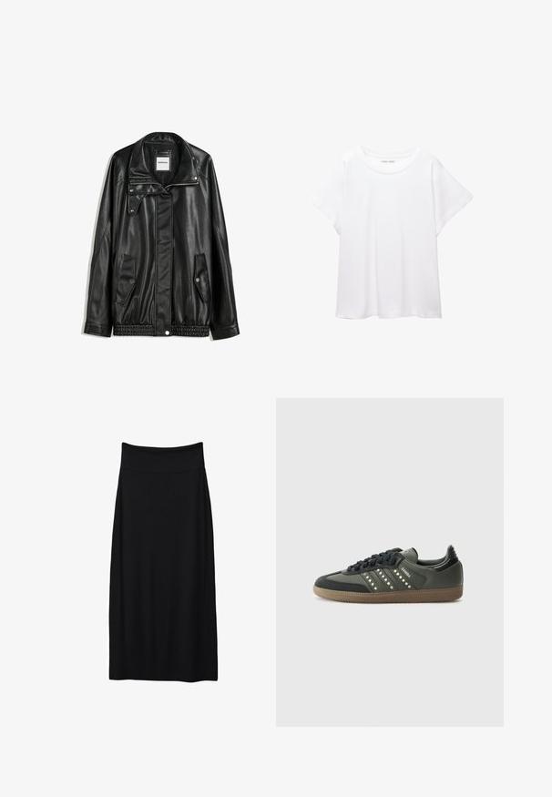 Schwarze Lederjacke mit Reißverschluss vorne, Knopfverschluss, zwei seitlichen Taschen und elastischem Saum. Verfügt über einen strukturierten Kragen und eine glatte Textur.; Weißes T-Shirt aus weichem, leichtem Stoff. Mit runder Halslinie und kurzen, weit geschnittenen Ärmeln für einen lässigen Sitz. Keine sichtbaren Muster.; Schwarzer, gerader Midirock mit breitem, hohem Bund, glattem Stoff und ohne sichtbare Muster oder Verzierungen.; adidas Originals SAMBA OG - Sneaker low - core black/legend earth/gum