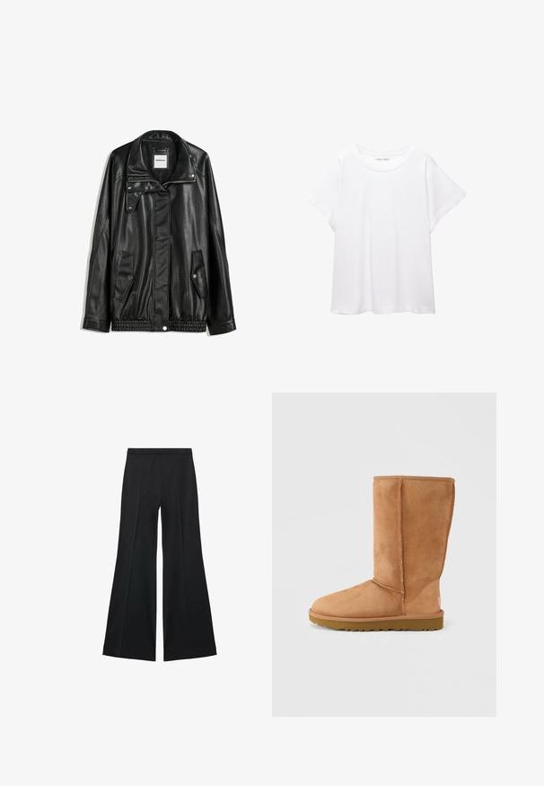 Schwarze Lederjacke mit Reißverschluss vorne, Knopfverschluss, zwei seitlichen Taschen und elastischem Saum. Verfügt über einen strukturierten Kragen und eine glatte Textur.; Weißes T-Shirt aus weichem, leichtem Stoff. Mit runder Halslinie und kurzen, weit geschnittenen Ärmeln für einen lässigen Sitz. Keine sichtbaren Muster.; Schwarze weit geschnittene Hose mit glatter Textur, ausgestattet mit Frontfalten und einem taillierten Design. Der Stoff ist leicht und fließend.; Hellbrauner Wildlederstiefel bis zur Mitte der Wade mit dicker Sohle und sichtbaren Nähten, von der Außenseite auf einem einfarbigen Hintergrund gezeigt.