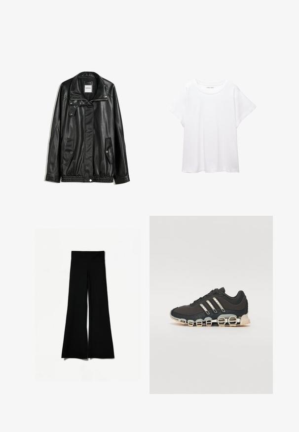 Crna kožna jakna s patentnim zatvaračem sprijeda, zatvaračem na gumbe, dvjema bočnim džepovima i elastičnim rubom. Ima strukturirani ovratnik i glatku teksturu.; Bijela majica od mekane, lagane tkanine. Ima okrugli izrez i kratke, široke rukave s ležernim krojem. Bez vidljivih uzoraka.; Crne trapezaste hlače s širokim krojem, s glatkom teksturom i visokim strukom. Izrađene od rastezljivog materijala za udobnost.; Crne atletske tenisice s teksturiranim gornjim dijelom, tri srebrne pruge i posebnim potplatom s višestrukim integriranim sekcijama.