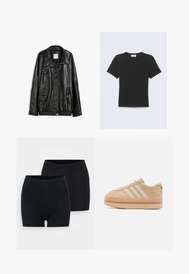 Mustat nahkatakki vetoketjulla edessä, napilla suljettava, kahdella sivutaskulla ja elastisella helmalla. Ominaisuuksiin kuuluu muotoiltu kaulus ja sileä pinta.; Musta lyhythihainen T-paita, valmistettu pehmeästä puuvillasta, jossa on pyöreä pääntie ja normaali istuvuus, ilman näkyviä kuvioita tai korostuksia.; Kaksi paria mustia puuvillahousuja, joissa on sileä pinta, yksinkertainen saumaton vyötärö ja keskipitkä pituus reiden puoliväliin.; Beige mokasíny s platformou z semiše, bílé tři pruhy, kulatá špička a béžová gumová podrážka s akcentem zlatého loga na boku.