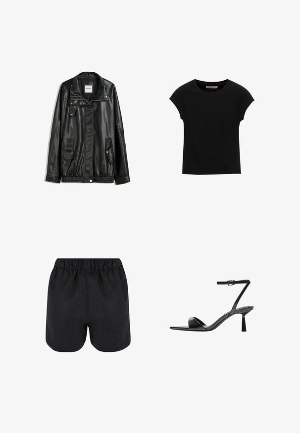 Schwarze Lederjacke mit Reißverschluss vorne, Knopfverschluss, zwei seitlichen Taschen und elastischem Saum. Verfügt über einen strukturierten Kragen und eine glatte Textur.; Schwarzes Kurzarm-T-Shirt aus weichem Stoff, mit Rundhalsausschnitt und lockerer Passform, glatter Textur und ohne Muster.; Schwarze Shorts mit einem elastischen Bund. Weicher Stoff, schlichtes Design und leicht abgerundeter Saum an der Unterseite. Keine sichtbaren Muster oder Logos.; Bershka High Heel Sandalette - black
