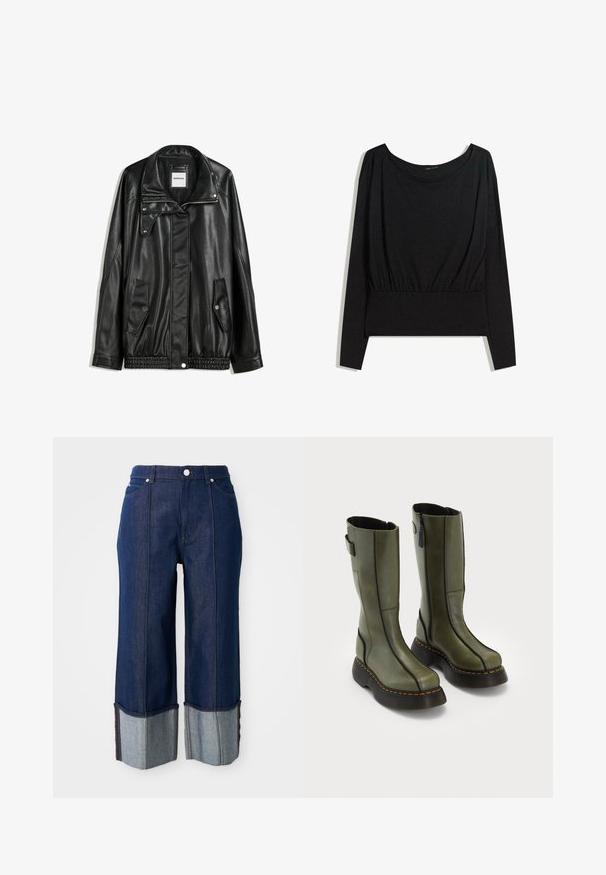 Svart läderjacka med dragkedja framtill, tryckknappsstängning, två sidofickor och elastiskt fåll. Har en strukturerad krage och slät yta.; Svart långärmad topp med vid halsringning, samlad midja och slät textur. Enkelt design utan mönster eller distinkt hårdvara.; Mörkblå vida jeans med uppvikt fåll som visar ljusare denim inuti, knapp framtill och fickor på en vit bakgrund.; Ett par olivgröna läderstövlar till mitten av vaden med svarta tjocka sulor och orange sömmar, med sidodragkedjor och ett remmar på övre bak.