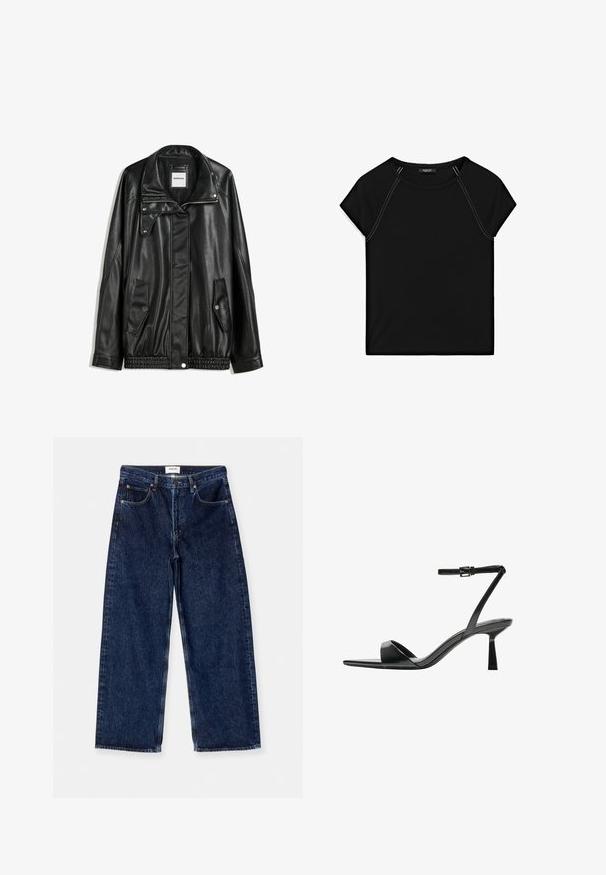 Giubbotto in pelle nera con zip frontale, chiusura a bottoni a pressione, due tasche laterali e orlo elasticizzato. Presenta un colletto strutturato e una texture liscia.; Top nero a maniche corte con scollatura rotonda e cuciture bianche in contrasto lungo le spalle e i lati. Tessuto morbido e liscio.; Jeans ampi in denim blu scuro con vita alta, tasche frontali e una texture liscia con sottili dettagli di cucitura.; Bershka Sandali con tacco - black