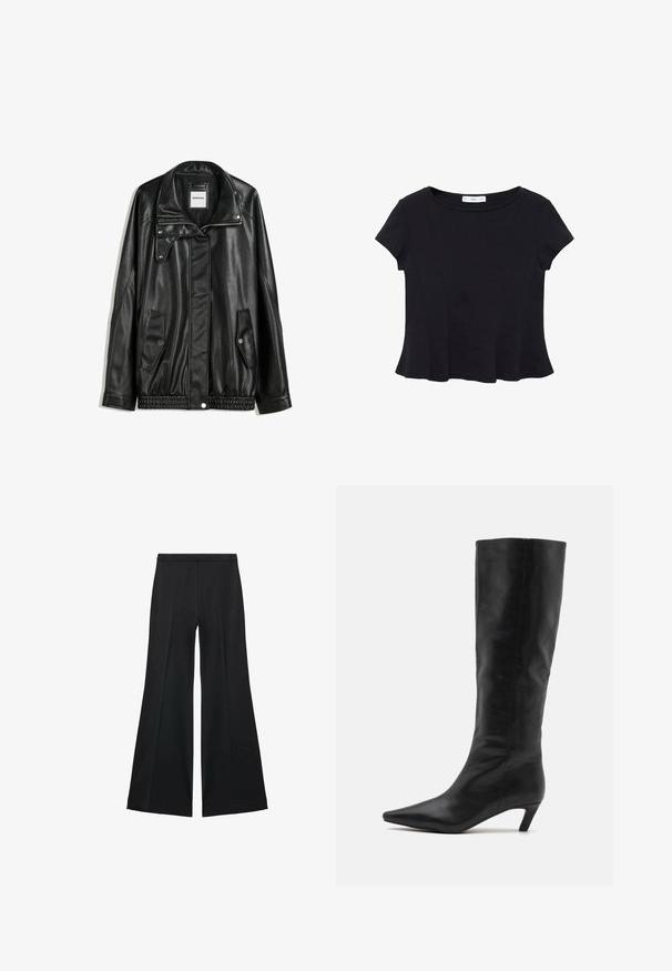 Crna kožna jakna s patentnim zatvaračem sprijeda, zatvaračem na gumbe, dvjema bočnim džepovima i elastičnim rubom. Ima strukturirani ovratnik i glatku teksturu.; Crni kratki rukav majica od mekog materijala, s okruglim izrezom i raširenim rubom s suptilnim detaljima šavova.; Crne široke hlače s glatkom teksturom, koje imaju prednje nabore i kroj po mjeri. Tkanina je lagana i lepršava.; RAID FLAURA - Čizme - black