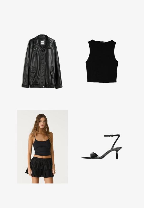 Mustat nahkatakki vetoketjulla edessä, napilla suljettava, kahdella sivutaskulla ja elastisella helmalla. Ominaisuuksiin kuuluu muotoiltu kaulus ja sileä pinta.; Musta hihaton crop-top, joka on valmistettu sileästä kankaasta, jossa on pyöreä kaula-aukko ja siisti, yksinkertainen muotoilu ilman kuvioita tai varusteita.; Mustassa venyvässä hihattomassa topissa on ohuet hihnat, ja se on yhdistetty mustaan, pitsikoristeiseen rypytettyyn hameeseen, luoden kerroksellisen vaikutelman.; Bershka Korolliset sandaalit - black