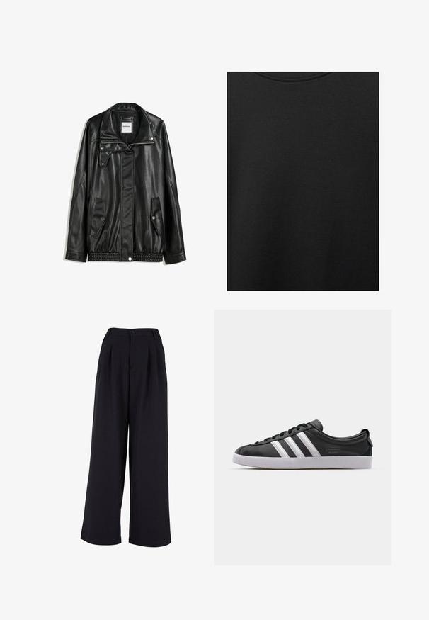 Crna kožna jakna s patentnim zatvaračem sprijeda, zatvaračem na gumbe, dvjema bočnim džepovima i elastičnim rubom. Ima strukturirani ovratnik i glatku teksturu.; Crni pamučni materijal s glatkom teksturom i okruglim izrezom, s nježnim, ravnomjernim uzorkom. Nema vidljivih logotipa ili akcenata.; Hlače širokih nogavica od crnog materijala, s prednjim plisama, kopčanjem na dugme i glatkom teksturom. Krojenje s visokim strukom.; Crne kožne tenisice s bijelim dizajnom od tri pruge, zaobljenim prstom, ravnim bijelim gumiranim potplatom i oznakom branda sa strane.