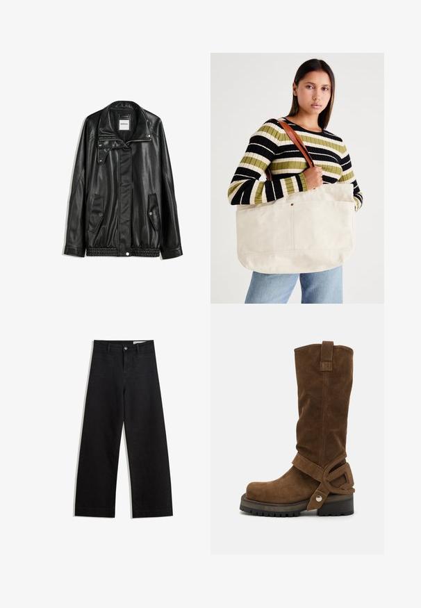 Black leather jacket with zippered front, snap-button closure, two side pockets, and elasticized hem. Features a structured collar and smooth texture.; White short-sleeve t-shirt with a round neck, relaxed fit, made of soft fabric. No patterns or accents, featuring a standard hemline.; Black wide-leg denim pants with a high waist, featuring front and back pockets, stitched seams, and a button closure. Smooth texture.; Diesel D-TEXAN 2IN1 CH - Cowboy/Biker boots - khaki; Large beige canvas tote bag with brown leather straps, featuring a minimal design and visible stitching accents.