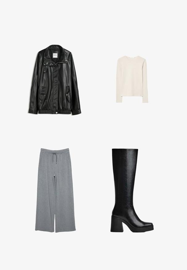 Zwarte leren jas met rits aan de voorkant, drukknopen-sluiting, twee zijzakken en elastische onderrand. Beschikt over een gestructureerde kraag en een gladde textuur.; Licht beige lang mouw top gemaakt van zachte stof, met een ronde hals en een ontspannen pasvorm met rechte zoom en minimale stikdetails.; Grijze wijde broek gemaakt van zachte stof, met een elastische tailleband met trekkoord en zijzakken. Vriendelijke textuur, zonder patronen.; Zwarte knie-hoge laars van gestructureerd synthetisch materiaal, met een vierkante neus, chunky hoge hak en een glad, gestroomlijnd oppervlak.