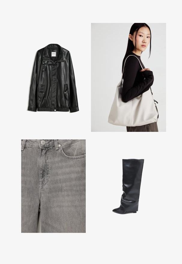 Jachetă din piele neagră cu fermoar frontal, închidere cu capse, două buzunare laterale și tiv elastic. Prezintă un guler structurat și o textură netedă.; Tricou alb cu mânecă scurtă dintr-o țesătură de bumbac moale, având guler rotund și o croială lejeră, cu tiv drept, fără modele sau grafică.; Jeans din denim gri, cu o textură netedă, având închidere frontală cu nasture și fermoar, buzunare laterale și detalii subtile de cusătură.; Bata Cizme cu talpă ortopedică - nero; Geantă bej din material moale, cu un design lejer, detalii cusute și două bretele pentru umăr. Potrivită pentru utilizarea zilnică.