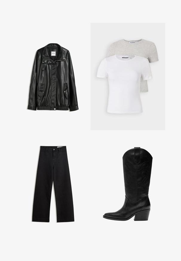 Fekete bőrkabát cipzáros elejével, patentos záródással, két oldalsó zsebbel és elasztikus aljjal. Struktúrált gallérral és sima textúrával rendelkezik.; Két pólócsomag: az egyik fehér, a másik világosszürke. Kerek nyakú, rövidujjú, puha pamut keverékből készült, sima textúrájú, minimális designnal.; Fekete, bő szabású farmernadrág magas derékkal, elülső és hátsó zsebekkel, varrott felületekkel és gombos záródással. Sima textúra.; Fekete bőr cowboy csizma hegyes orral, díszvarrással, közepes magasságú, dőlt tömbsarkúval, és húzófüllel a szárán.