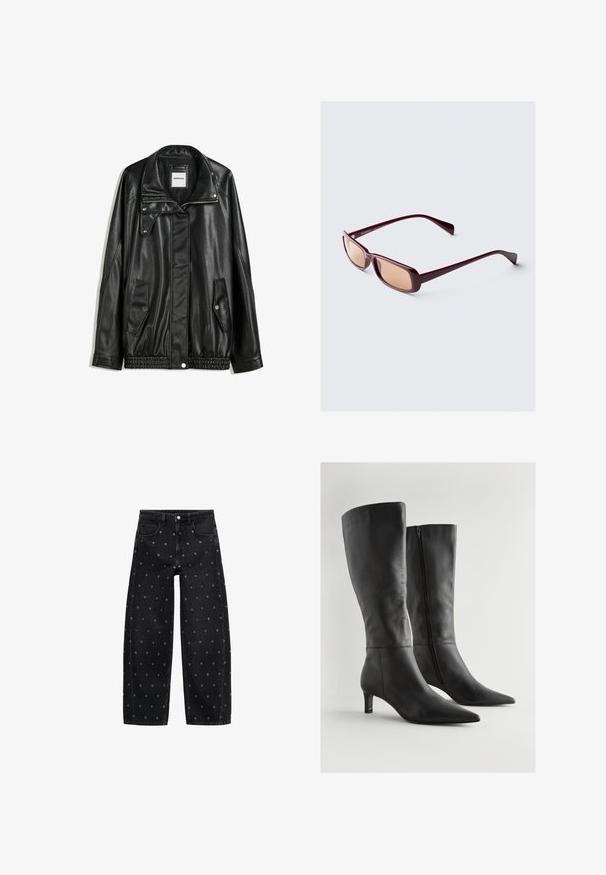 Veste en cuir noir avec fermeture éclair à l'avant, patte de boutonnage, deux poches latérales et ourlet élastiqué. Elle présente un col structuré et une texture lisse.; Débardeur noir à côtes associé à un jean en denim bleu ample. Les jeans présentent un design classique à cinq poches et une fermeture à bouton.; Jean en denim noir à jambe large, ornés d'un motif de petits œillets en acier inoxydable, avec un design classique à cinq poches et une fermeture à bouton.; Les bottes noires en cuir montent jusqu'au genou et présentent un bout pointu, un petit talon carré, ainsi qu'une fermeture éclair latérale. Leur surface est lisse avec un minimum de détails.; Lunettes de soleil bordeaux avec monture rectangulaire, verres dégradés et branches élégantes. Le matériau a une finition lisse et brillante.