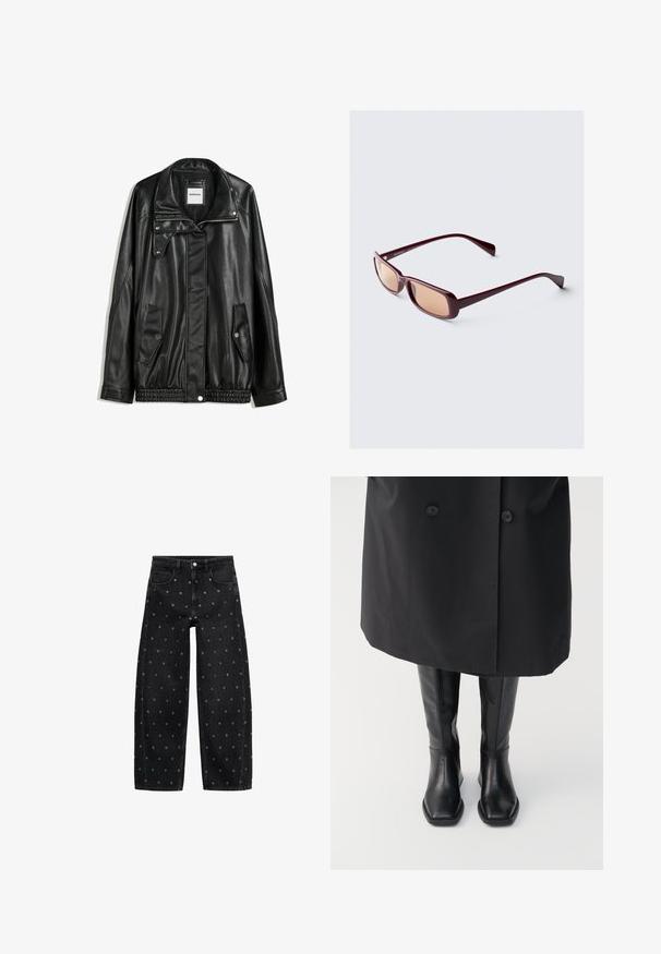 Czarna skórzana kurtka z zamkiem błyskawicznym z przodu, z zapięciem na napy, dwoma bocznymi kieszeniami i elastycznym dołem. Ma wyprofilowany kołnierz i gładką teksturę.; Czarna prążkowana koszulka na ramiączkach zestawiona z luźnymi niebieskimi dżinsami. Dżinsy mają klasyczny pięciopakowy design i zapięcie na guzik.; Czarne dżinsy o szerokich nogawkach z wzorem małych srebrnych grommetów, z klasycznym pięciokomorowym krojem i zapięciem na guziki.; Czarne skórzane botki do kolan z kwadratowym noskiem, gładką fakturą i minimalistycznym wzornictwem, zestawione z długim czarnym płaszczem.; Bordowe okulary przeciwsłoneczne z prostokątnymi oprawkami, gradientowymi soczewkami i smukłymi ramionami. Materiał ma gładkie, błyszczące wykończenie.