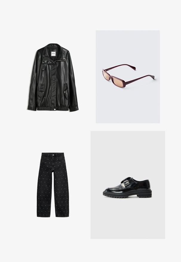 Schwarze Lederjacke mit Reißverschluss vorne, Knopfverschluss, zwei seitlichen Taschen und elastischem Saum. Verfügt über einen strukturierten Kragen und eine glatte Textur.; Schwarzes, geripptes Tanktop kombiniert mit lockeren blauen Jeans. Die Jeans verfügen über ein klassisches Fünf-Taschen-Design und einen Knopfverschluss.; Schwarze Jeans mit weitem Bein aus Denim, verziert mit einem Muster aus kleinen silbernen Ösen, klassischem Fünf-Taschen-Design und Knopfverschluss vorne.; Schwarze, glänzende Lederloafers mit einem silbernen Schnallenriemen und dicker Gummisohle mit Profil, seitlich auf einem weißen Hintergrund dargestellt.; Burgunderfarbene Sonnenbrille mit rechteckigem Rahmen, verlaufenden Gläsern und eleganten Bügeln. Das Material hat eine glatte, glänzende Oberfläche.