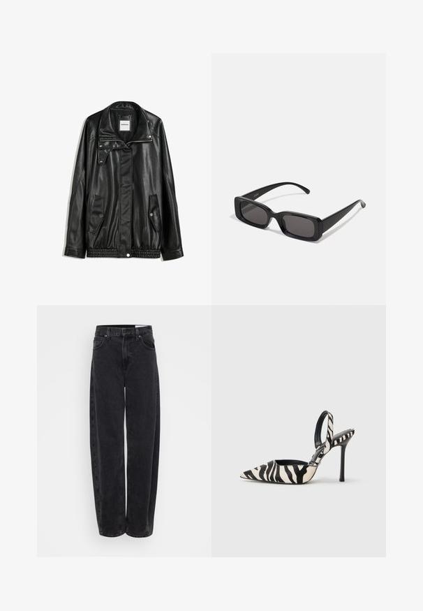 Mustat nahkatakki vetoketjulla edessä, napilla suljettava, kahdella sivutaskulla ja elastisella helmalla. Ominaisuuksiin kuuluu muotoiltu kaulus ja sileä pinta.; Musta ribbed tank top yhdistettyinä löysiin sinisiin farkkuihin. Farkuissa on klassinen viiden taskun malli ja napitus.; Gap Tall LONG CARTELLI - Relaxed fit -farkut - black; Korkokenkät, joissa on kapea kärki ja avovartio musta-kermanraidallisessa kuviossa, ohuella korkealla korolla ja avonaisella takana sekä musta sisustus.; Mustat suorakaiteen muotoiset aurinkolasit, joissa tummat linssit, kiiltävä pinta, leveät sangan varret ja massiivinen kehysmuotoilu. Yhden sangansivun kaiverrettu brändinimi.; Hopehopeet hopehopeet hopehopeet hopehopeet, jolla on sileä, kiiltävä pinta. Pyöreä muoto, kevyt rakenne, jossa on neulakiinnitys.