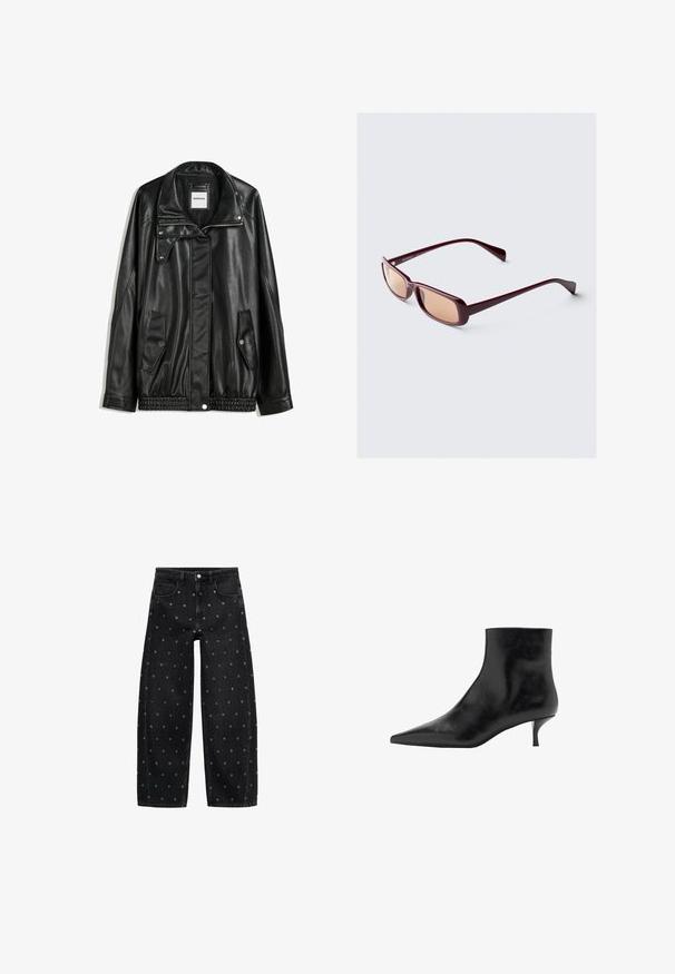 Černá kožená bunda s zipovým zapínáním, zapínáním na cvoky, dvěma bočními kapsami a elastickým lemem. Obsahuje strukturovaný límec a hladkou texturu.; Černý žebrovaný top bez rukávů v kombinaci s volnými modrými džínami. Džíny mají klasický pětikapsový design a zapínání na knoflík.; Černé denimové široké kalhoty s vzorem malých stříbrných očínek, klasickým pětikapsovým designem a zapínáním na knoflík.; černá kožená kotníčková bota s špičatou špičkou, štíhlým jehlovým podpatkem a hladkým povrchem. Jednoduchý design, bez dekorativních prvků.; Bordové sluneční brýle s obdélníkovými rámy, gradientovými skly a elegantními nohami. Materiál má hladký, lesklý povrch.