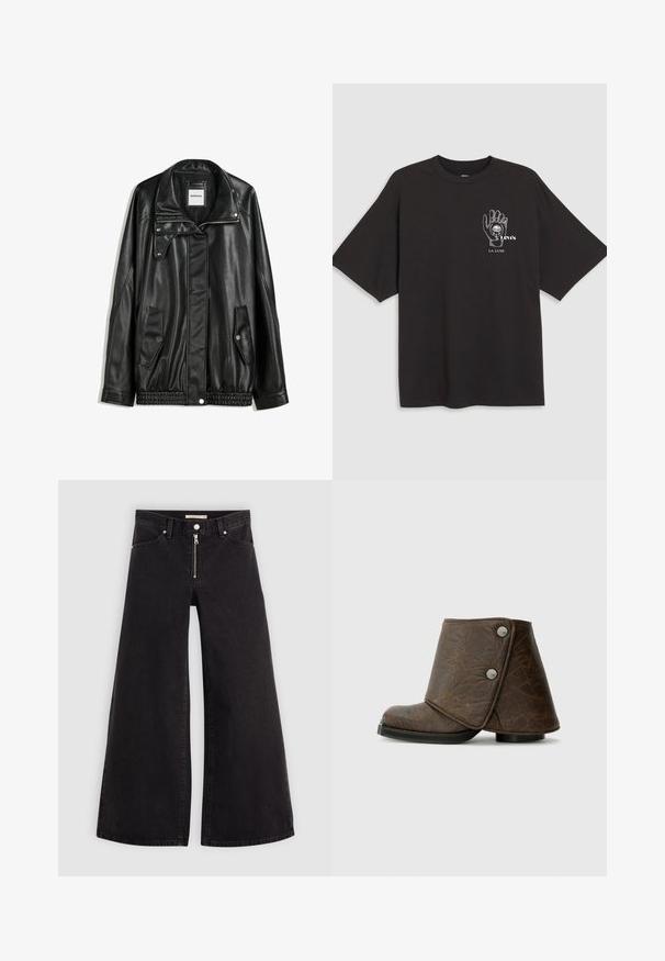 Svart läderjacka med dragkedja framtill, tryckknappsstängning, två sidofickor och elastiskt fåll. Har en strukturerad krage och slät yta.; Svart bomullströja med korta ärmar, med ett handgrafik och texten "Levi's LA LUNE" i vitt på vänster bröst.; Breda jeans i svart denim med dragkedja fram, femfickorsdesign och subtila sömdetaljer. Slät textur och avslappnad stil.; Brun läderankelboot med vikbar design, silverfärgade detaljer, rund tå och texturerad yta. Låg, platt svart sula.
