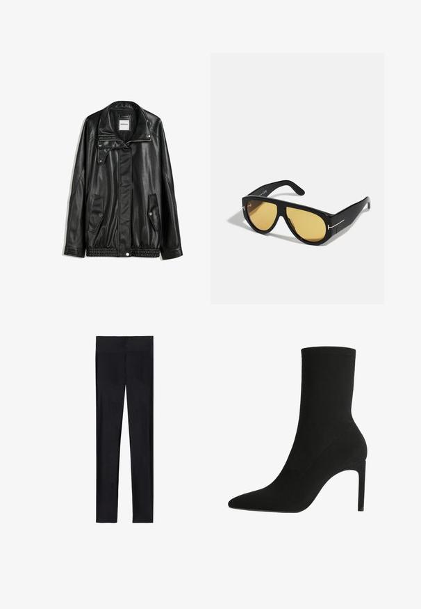 Veste en cuir noir avec fermeture éclair à l'avant, patte de boutonnage, deux poches latérales et ourlet élastiqué. Elle présente un col structuré et une texture lisse.; Haut à manches longues blanc avec un large décolleté, des fentes latérales et un tissu lisse et léger, présentant un design simple et minimaliste.; Leggings noirs en tissu extensible ; présentent une texture lisse, un design à longueur complète et une taille élastique sans coutures visibles.; Bottine noire en suede doux, avec un bout pointu et un talon aiguille haut. Design minimaliste sans matériel ou motifs visibles.; Lunettes de soleil noires avec une monture géométrique, verres jaunes et accents dorés sur les branches. Texture lisse, forme large, design contemporain.