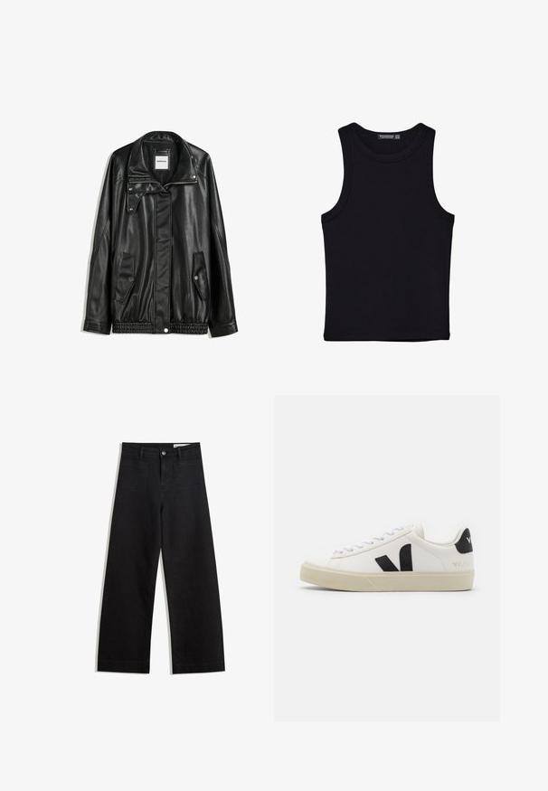 Crna kožna jakna s patentnim zatvaračem sprijeda, zatvaračem na gumbe, dvjema bočnim džepovima i elastičnim rubom. Ima strukturirani ovratnik i glatku teksturu.; Crni top bez rukava od pamuka, s okruglim izrezom i širokim izrezima za ruke. Glatka tekstura s ušivenim rubovima. Klasičan, minimalistički dizajn.; Crne široke traperice s visokim strukom, s prednjim i stražnjim džepovima, šivenim šavovima i kopčanjem na gumb. Glatka tekstura.; Bijele kožne tenisice s crnim gumiranim V logotipom. Teksturalna off-white mrežasta potplata, bijele vezice i detalj na poleđini peta s imenom branda u crnoj boji.