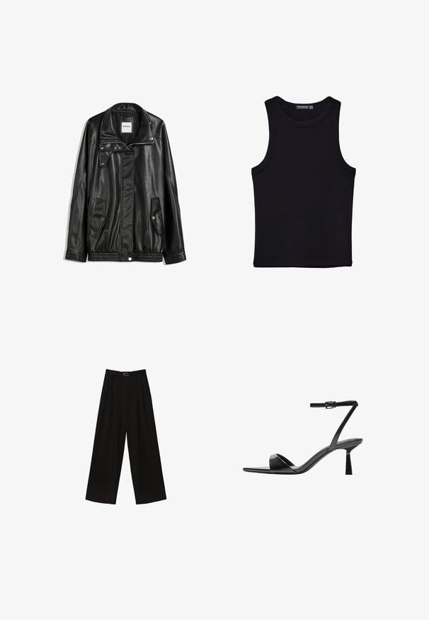 Czarna skórzana kurtka z zamkiem błyskawicznym z przodu, z zapięciem na napy, dwoma bocznymi kieszeniami i elastycznym dołem. Ma wyprofilowany kołnierz i gładką teksturę.; Czarny top na ramionczkach wykonany z bawełny, z okrągłym dekoltem i szerokimi wycięciami na ramionach. Gładka tekstura z przeszytymi brzegami. Klasyczny, minimalistyczny design.; Czarne szerokie spodnie o wysokim stanie, z paskiem w talii i fałdami dla uzyskania faktury. Wykonane z gładkiego, lekkiego materiału.; Bershka - Sandały na obcasie