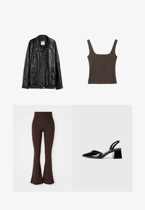 Czarna skórzana kurtka z zamkiem błyskawicznym z przodu, z zapięciem na napy, dwoma bocznymi kieszeniami i elastycznym dołem. Ma wyprofilowany kołnierz i gładką teksturę.; Brązowa bezrękawnikowa bluzka o kwadratowym dekolcie, wykonana z miękkiego, elastycznego materiału. Posiada dopasowany krój i płaskie szwy.; Brązowe podkolanówki w kształcie dzwonu, wykonane z miękkiego, elastycznego materiału, z wysokim stanem i dopasowanym krojem, który rozszerza się przy kostce.; Czarne lakierowane półbuty na obcasie z wydłużonym noskiem i geometrycznym słupkiem. Charakteryzują się eleganckim, minimalistycznym designem oraz gładką fakturą.