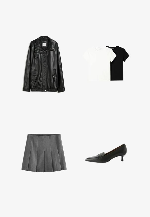 Jachetă din piele neagră cu fermoar frontal, închidere cu capse, două buzunare laterale și tiv elastic. Prezintă un guler structurat și o textură netedă.; Două tricouri cu mânecă scurtă, unul alb și unul negru, fabricate din bumbac. Ambele au un guler rotund și un design simplu, clasic.; Fustă plisată gri, realizată dintr-un material moale, cu pliuri tăiate uniform și un brâu pentru un aspect ajustat.; Pantof de piele neagră cu toc înalt, cu vârf ascuțit și un brâu decorativ. Dispune de un toc stiletto jos și o textură netedă.