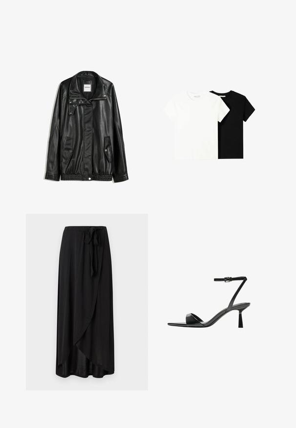 Zwarte leren jas met rits aan de voorkant, drukknopen-sluiting, twee zijzakken en elastische onderrand. Beschikt over een gestructureerde kraag en een gladde textuur.; Twee t-shirts met korte mouwen, één wit en één zwart, gemaakt van katoen. Beide hebben een ronde halslijn en een eenvoudig, klassiek ontwerp.; Zwarte maxi rok van lichtgewicht stof, met een wikkeldesign, verstelbare tailleband en een vloeiende silhouet met een afgeronde zoom.; Bershka Sandalen met hoge hak - black