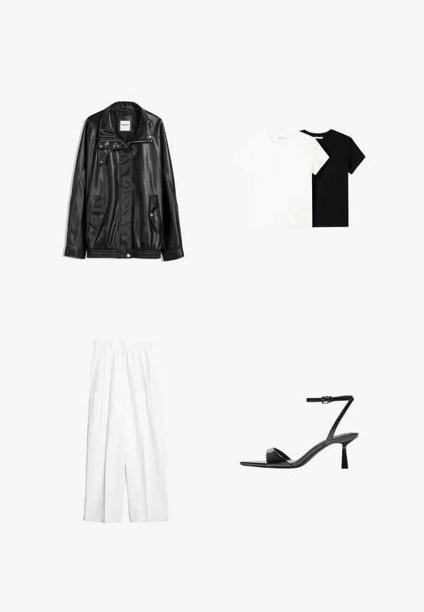 Schwarze Lederjacke mit Reißverschluss vorne, Knopfverschluss, zwei seitlichen Taschen und elastischem Saum. Verfügt über einen strukturierten Kragen und eine glatte Textur.; Zwei kurzärmelige T-Shirts, eines weiß und eines schwarz, aus Baumwolle. Beide haben einen runden Halsausschnitt und ein einfaches, klassisches Design.; Weiße, weit geschnittene Hosen mit glatter Textur, vorderen Falten und hoher Taille. Keine sichtbaren Beschläge oder Akzente.; Bershka High Heel Sandalette - black