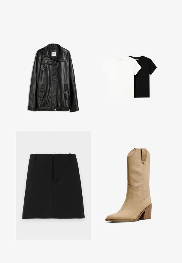 Czarna skórzana kurtka z zamkiem błyskawicznym z przodu, z zapięciem na napy, dwoma bocznymi kieszeniami i elastycznym dołem. Ma wyprofilowany kołnierz i gładką teksturę.; Dwa t-shirty z krótkim rękawem, jeden biały i jeden czarny, wykonane z bawełny. Oba mają okrągły dekolt i prosty, klasyczny design.; Czarna mini spódniczka o dopasowanym fasonie, z dwiema przednimi kieszeniami i prostym dołem. Wykonana z gładkiego materiału bez widocznych wzorów.; Bershka - Kowbojki i obuwie motocyklowe