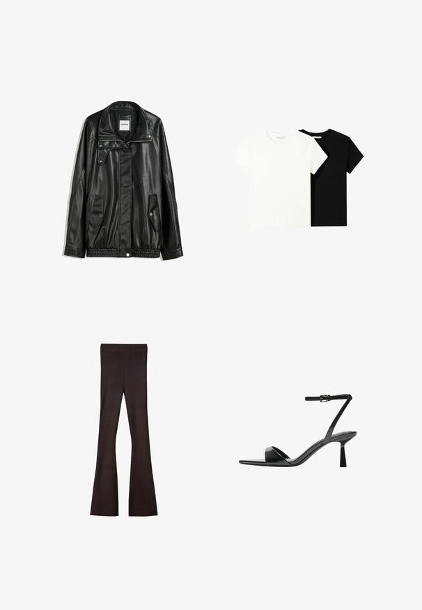 Schwarze Lederjacke mit Reißverschluss vorne, Knopfverschluss, zwei seitlichen Taschen und elastischem Saum. Verfügt über einen strukturierten Kragen und eine glatte Textur.; Zwei kurzärmelige T-Shirts, eines weiß und eines schwarz, aus Baumwolle. Beide haben einen runden Halsausschnitt und ein einfaches, klassisches Design.; Bershka Stoffhose - dark brown; Bershka High Heel Sandalette - black
