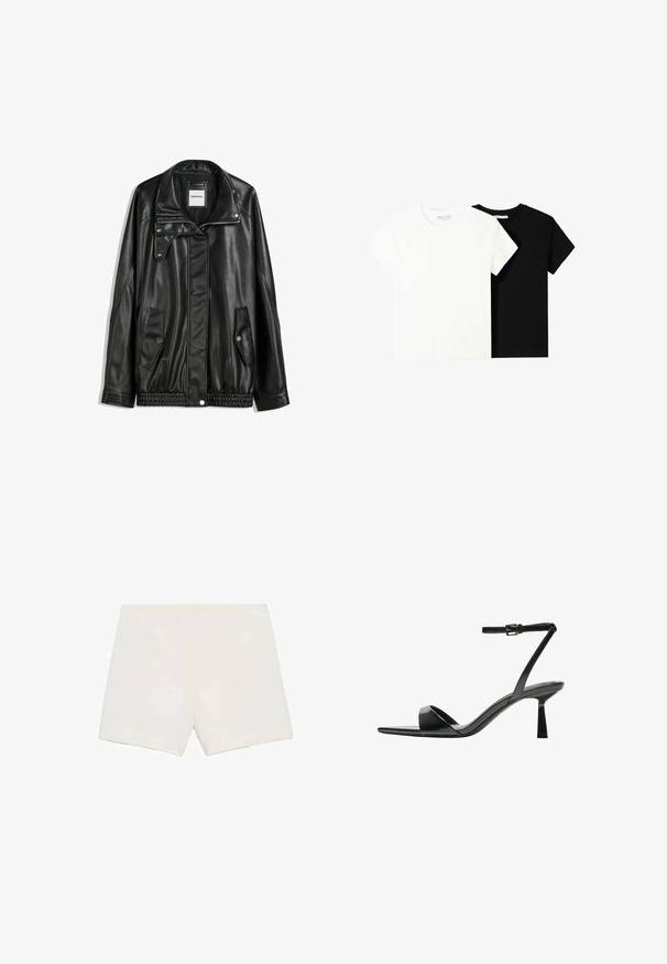 Čierna kožená bunda s predným zipsom, skladacím zapínaním, dvoma bočnými vreckami a elastickým spodným okrajom. Má štruktúrovaný golier a hladkú textúru.; Dve tričko s krátkym rukávom, jedno biele a jedno čierne, vyrobené z bavlny. Obe majú okrúhly výstrih a jednoduchý, klasický dizajn.; Biele, prispôsobené šortky s rovnou prednou časťou, hladkou textúrou a rovný strih. Žiadne viditeľné kovania alebo vzory. Jednoduchý, minimalistický dizajn.; Bershka Sandále na vysokom opätku - black