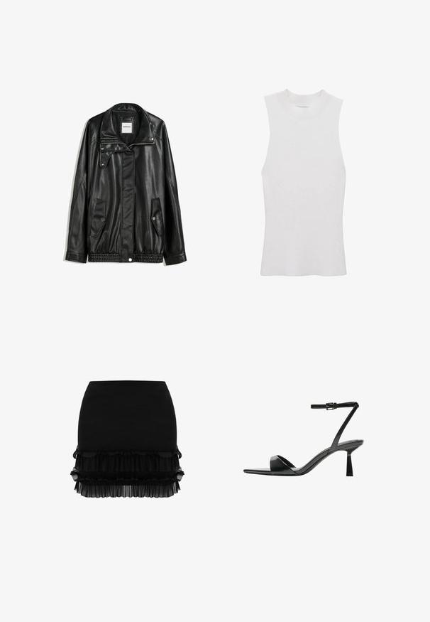 Veste en cuir noir avec fermeture éclair à l'avant, patte de boutonnage, deux poches latérales et ourlet élastiqué. Elle présente un col structuré et une texture lisse.; Top sans manches blanc en maille côtelée avec un col montant et une coupe ajustée, fabriqué dans un tissu doux et texturé.; Jupe noire avec une partie supérieure cintrée, des volants superposés à l'ourlet et une texture douce, légèrement transparente. Pas d'ornements supplémentaires.; Bershka Sandales à talons hauts - black