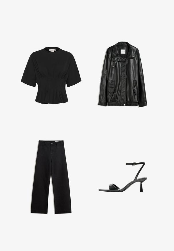 Črna usnjena jakna z zadrgo spredaj, zapiranjem na gumb, dvema stranskima žepoma in elastičnim robom. Ima strukturiran ovratnik in gladko teksturo.; Črn kratki top s krožnim izrezom, ki ima gubano detajliranje in prilegajoč se pas, ki se na robu razširi. Narejen iz mehkega materiala.; Črne široke denim hlače z visokim pasom, ki imajo sprednje in zadnje žepe, šivane šive ter gumbasto zapiranje. Gladka tekstura.; Bershka Sandali z visoko peto - black