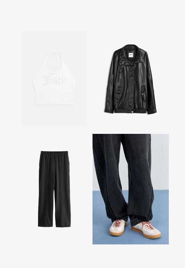 Zwarte leren jas met rits aan de voorkant, drukknopen-sluiting, twee zijzakken en elastische onderrand. Beschikt over een gestructureerde kraag en een gladde textuur.; Witte haltertop gemaakt van zachte stof, met rhinestone tekst "Juicy" op de voorkant. Te strikken bij de nek voor een verstelbare pasvorm.; Zwarte, knielange broeken van lichte stof. Elastische tailleband en een gladde textuur met een rechte pijp. Geen zichtbare details of patronen.; Zwarte baggy denimbroek met stiksels aan de voorkant, gecombineerd met witte en blush sneakers met een gumkleurige zool en roze veters.