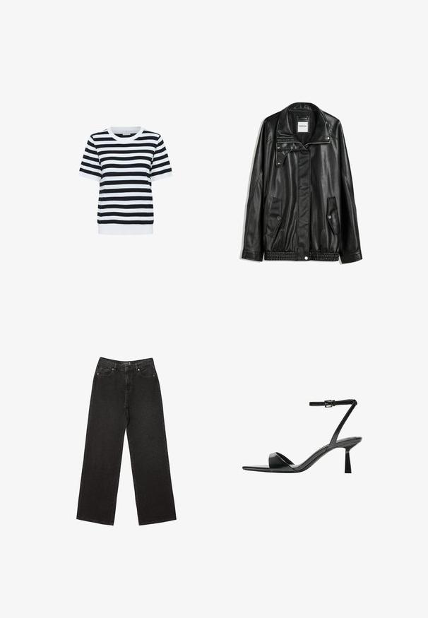 Black leather jacket with zippered front, snap-button closure, two side pockets, and elasticized hem. Features a structured collar and smooth texture.; Black and white striped short-sleeve top with a crew neck and a ribbed hem, made of a soft, smooth fabric.; Black wide-leg jeans made of denim, featuring small dotted patterns, classic five-pocket design, and a button and zip fly closure.; Bershka High heeled sandals - black