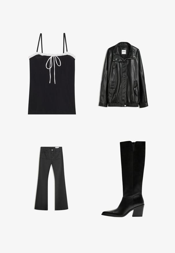 Black leather jacket with zippered front, snap-button closure, two side pockets, and elasticized hem. Features a structured collar and smooth texture.; Black camisole top with adjustable thin straps, featuring a white ruffled neckline and a center tie detail. Smooth texture, simple design.; Black flared jeans made of denim with a smooth texture, featuring two back pockets and a button closure at the waist.; Black knee-high boots made of smooth leather, featuring a pointed toe, a block heel, and a V-shaped cutout at the top.