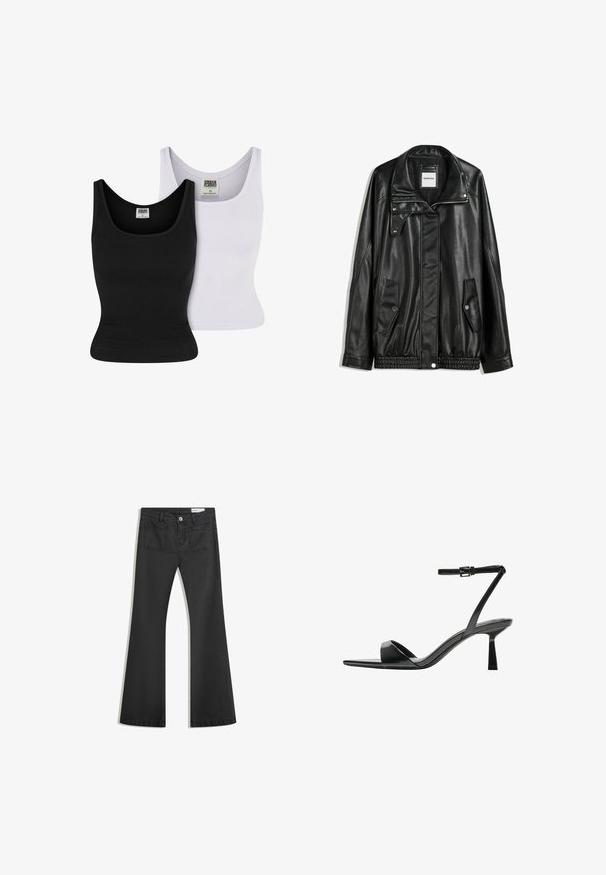 Black leather jacket with zippered front, snap-button closure, two side pockets, and elasticized hem. Features a structured collar and smooth texture.; Two tank tops: one black and one white. Both feature a ribbed texture and a scoop neckline. Labels on the inner side indicate brand and size.; Black flared jeans made of denim with a smooth texture, featuring two back pockets and a button closure at the waist.; Bershka High heeled sandals - black